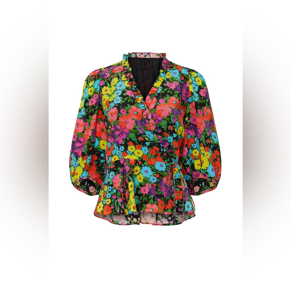 Les Reveries Puff Sleeve Wrap Floral Multicolor Women's Top